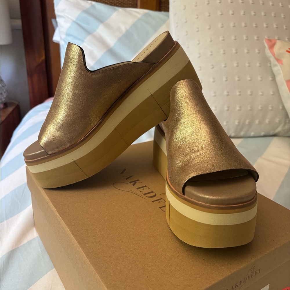 Naked Feet Metallic Gold Platform Slide with Layered Tan Sole - Picture 6 of 11